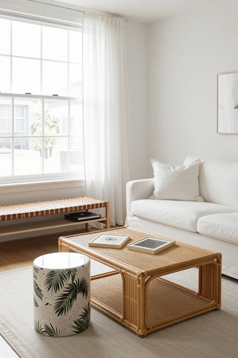 Bright living room with white sofa, rattan coffee table, and leafy stool.