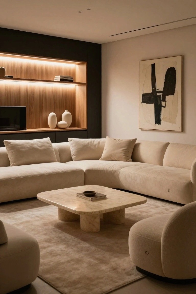 Modern apartment living room featuring a large cream L-shaped sofa, two rounded cream pouf chairs, square travertine coffee table on bulbous legs, wood-paneled media wall with TV and shelves, abstract black-and-white painting, and beige area rug.