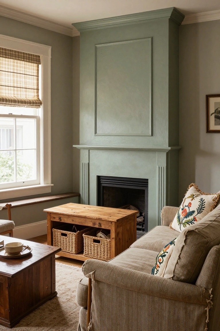Living room corner with sage green paneled fireplace mantel, wooden bench and coffee table, beige sofa with embroidered pillows, wicker baskets, and window with bamboo shade.
