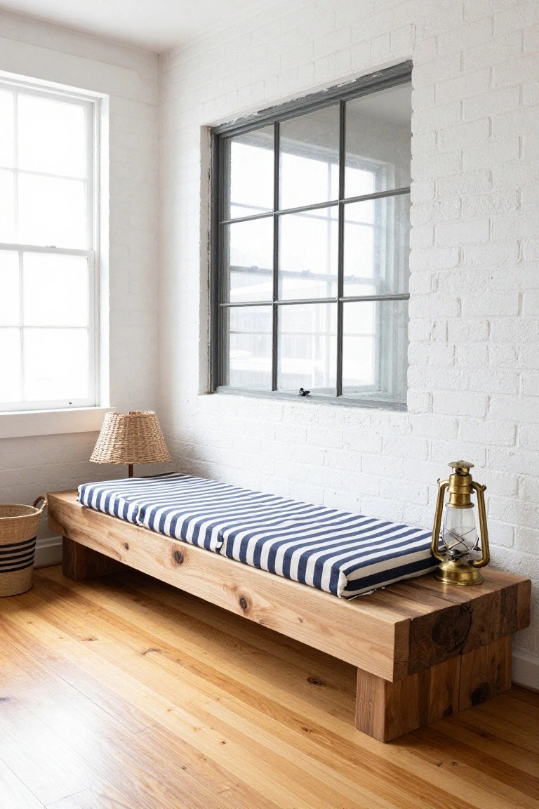 Wooden bench with blue and white striped cushion against white brick wall in corner room with large windows, rattan lamp, brass lantern, wicker basket, and hardwood floor