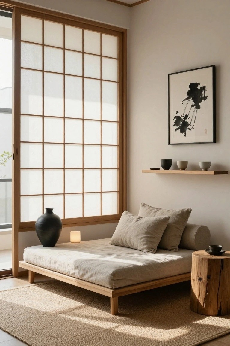 Minimalist indoor room featuring shoji screen sliding doors, a low wooden platform bed with beige cushions and bolster pillow, black vase, candle, wooden shelf with ceramic cups, and tree trunk side table on a seagrass rug.