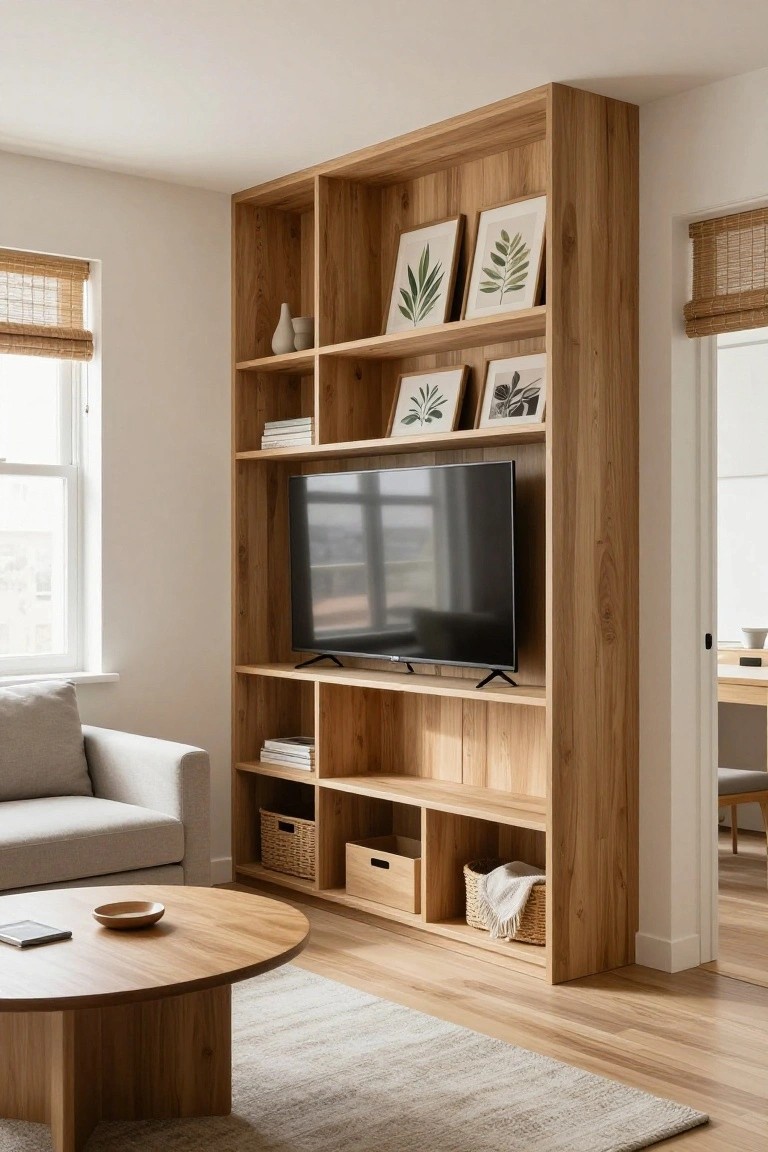 Tall light wood bookshelf unit with open shelves holding books, framed botanical prints, vases, wicker baskets, and a mounted black TV, beside a gray sofa, wooden coffee table, and beige rug in a white-walled room with light wood floors.
