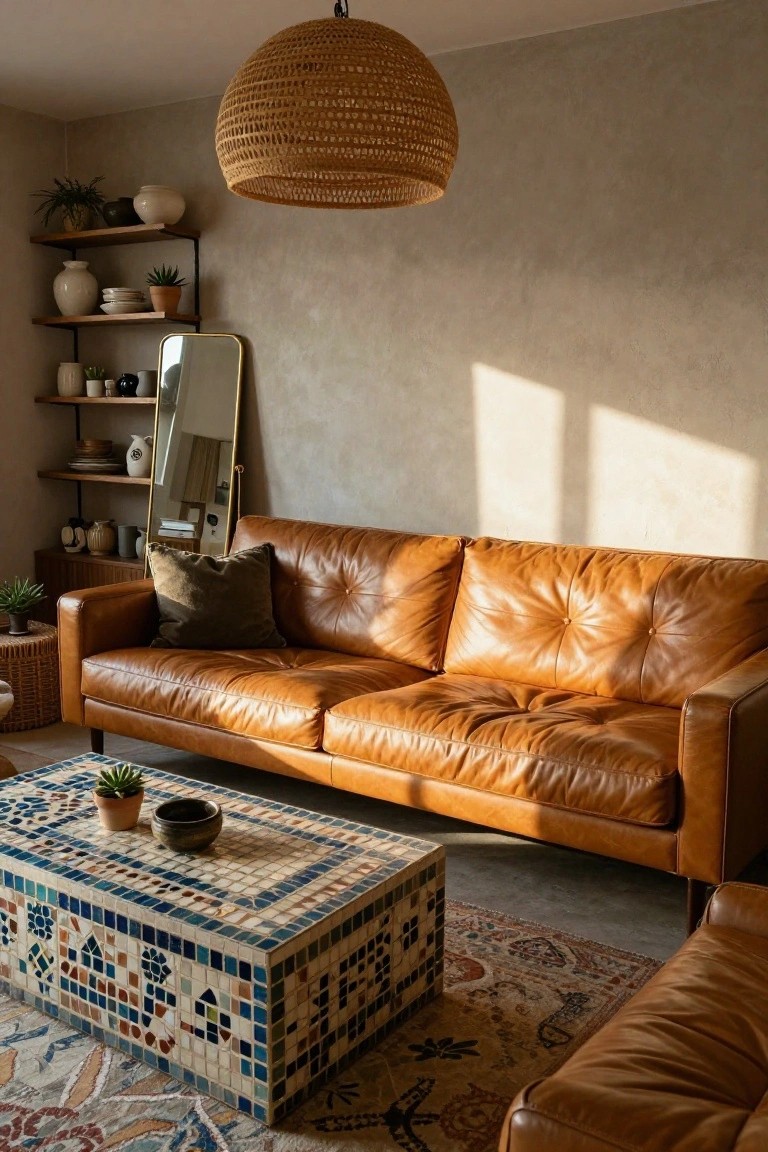 Sunlit apartment living room with tan tufted leather sofa, blue and white mosaic-tiled coffee table holding a plant and bowl, woven pendant light, floating shelves with pottery and plants, full-length mirror, and patterned rug on neutral walls.