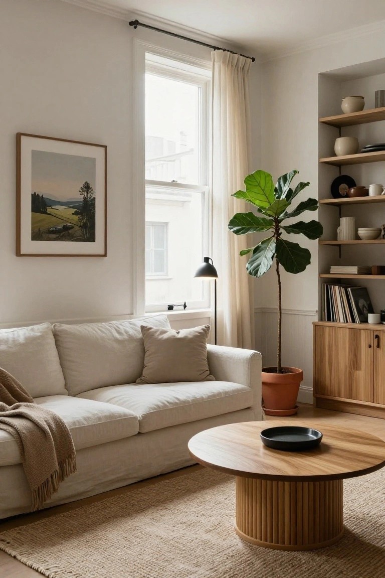 A cozy living room featuring a cream linen sofa with throw pillows and blanket, round fluted oak coffee table with a black dish, tall fiddle leaf fig plant in terracotta pot, oak shelving unit with books and ceramics, sheer curtains on a large window, and an arched floor lamp.
