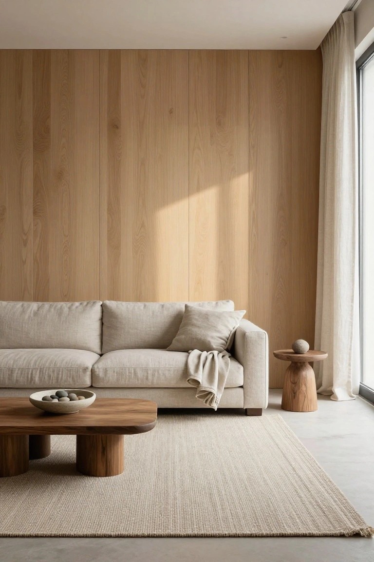 Modern apartment living room with full-height vertical light wood paneling on one wall, beige linen sofa with pillows and throw, wooden coffee table with bowl of pebbles, wooden pedestal side table with stone, seagrass rug, and sheer curtains at large window.