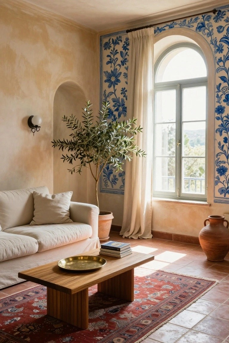 Interior corner of a room with cream plaster walls, blue floral patterned wall panels around an arched window with white curtains, potted olive tree, beige sofa, wooden coffee table with brass tray, stack of books, red rug, and terracotta pots on terracotta tile floor.