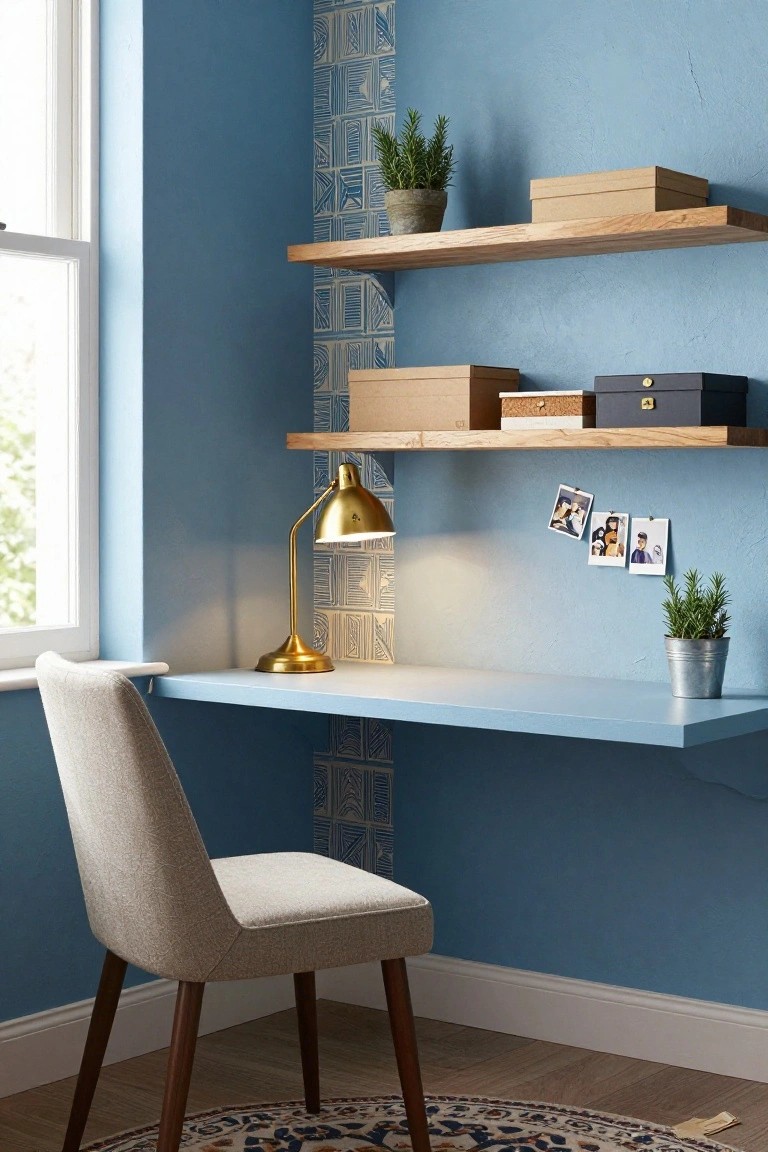 Corner home office nook with light blue walls featuring white geometric tile pattern, wooden floating shelves holding boxes plants and photos, gold desk lamp on white floating desk, beige tufted chair, metal bucket plant pot, and window.