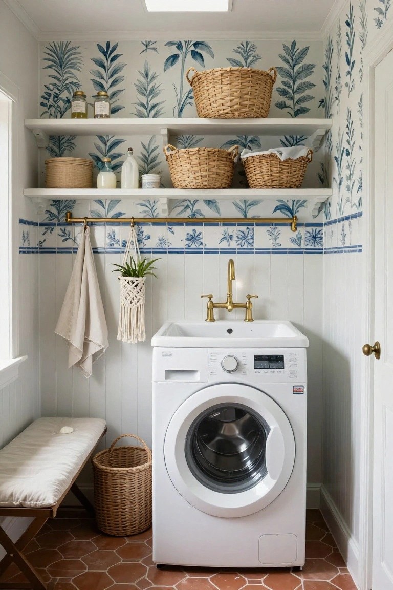 Small laundry room with blue palm leaf wallpaper on upper walls, white open shelves holding wicker baskets and bottles, white front-load washer, white sink with gold faucet, macrame plant hanger, wooden bench, and hexagonal terracotta floor tiles.