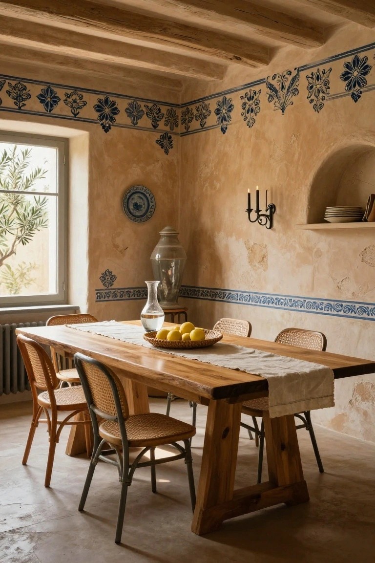Dining room with beige stucco walls featuring blue painted floral and vine borders near the ceiling, wooden table with white runner and bowl of lemons, rattan chairs, glass vase, candle sconce, plates on niche shelf, and window showing olive branches outside.