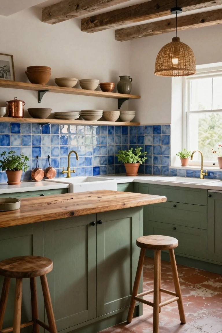 Kitchen interior featuring sage green cabinets, a wooden countertop island with stools, blue ceramic tile backsplash behind a white farmhouse sink with brass faucet, wooden shelves with pottery, exposed beams, rattan pendant light, and terracotta tile floor.