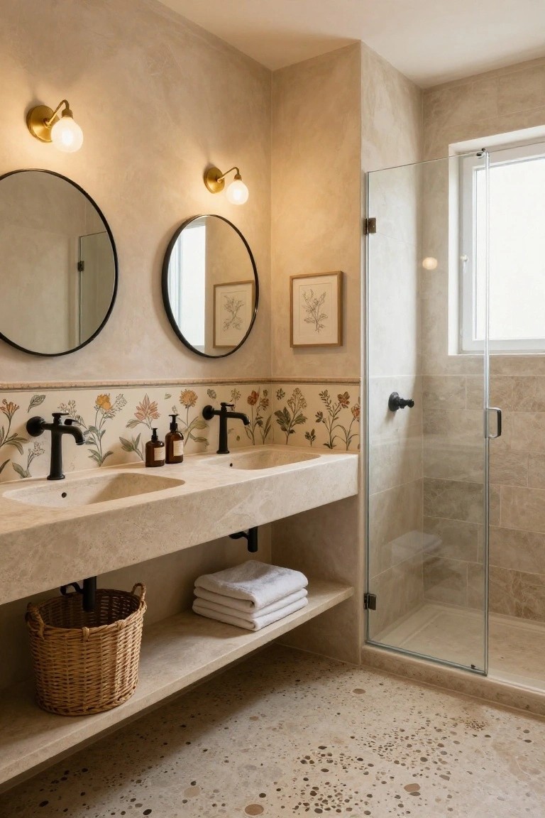Beige-toned bathroom featuring double stone sinks with black faucets, round black-framed mirrors, gold sconces, a narrow colorful floral tile band on the backsplash wall, glass shower enclosure, wicker basket under the vanity, stacked white towels, and speckled beige floor tiles.