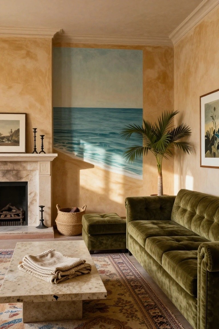 Living room interior with ochre textured walls, a large wall mural depicting a turquoise sea and beach, green velvet sofa and ottoman, marble coffee table with throw, fireplace mantel, potted palm plant, and framed artwork.