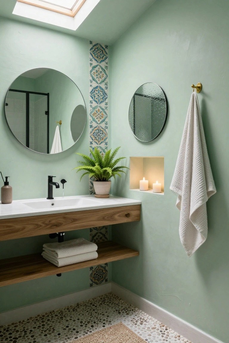 Bathroom with mint green walls featuring a tall vertical strip of blue and turquoise patterned tiles next to a large round mirror, smaller steamy mirror, wooden floating vanity with white sink and black faucet, plants, candles, towels, black shower enclosure, skylight, and pebble floor.