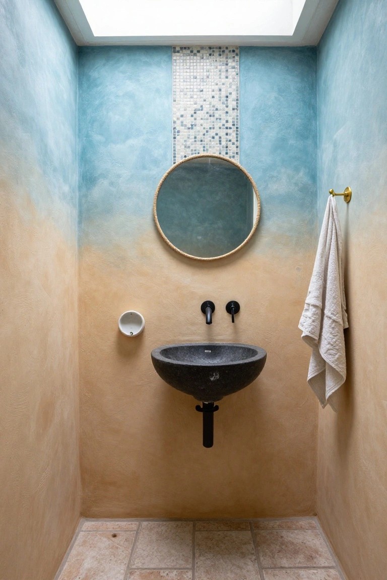 A small bathroom with textured walls in a gradient from blue at the top to beige at the bottom, featuring a round rattan mirror, black stone sink with matte faucets, white soap dish, gold towel hook with white towel, mosaic tile strip, skylight, and terracotta floor tiles.