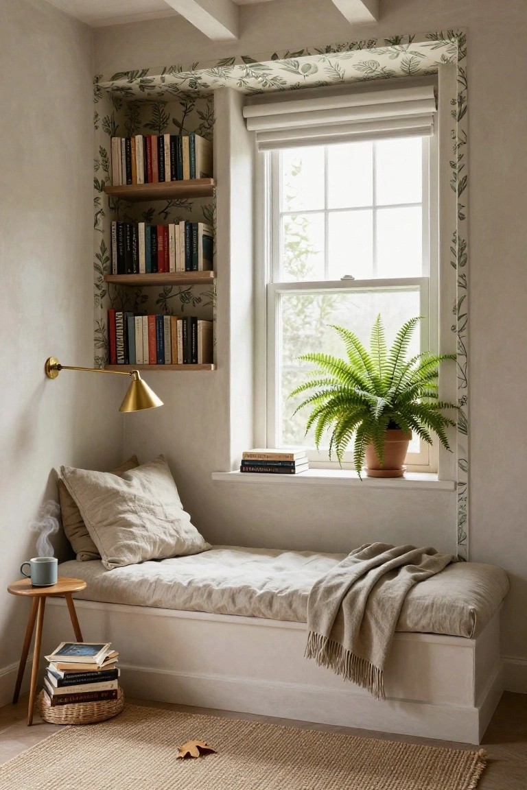 Leafy Wallpaper Frames a Window Seat