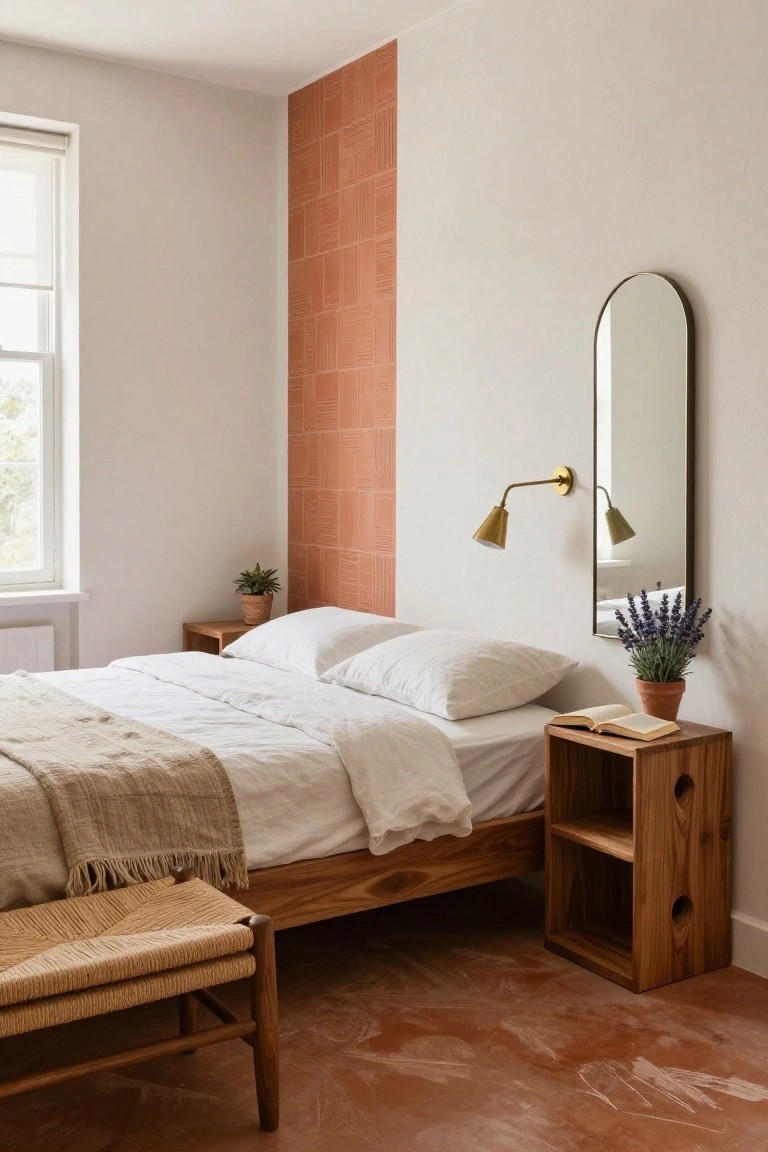 Bedroom with white bed draped in beige throw, wooden nightstand holding open book and potted plant, gold arched mirror mounted on wall sconces next to lavender bouquet, terracotta tile accent wall, rattan bench, and matching terracotta floor.
