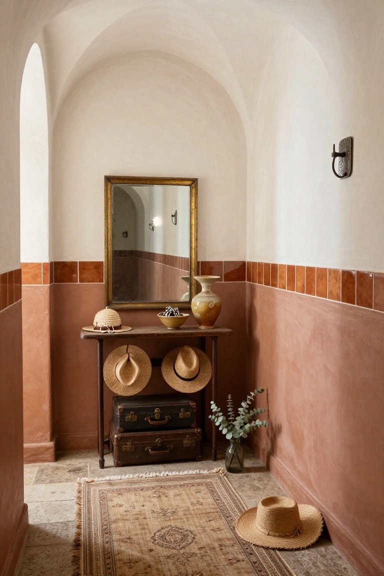 Arched indoor hallway with cream plaster walls featuring a horizontal band of terracotta tiles, gold-framed mirror, rustic wooden console table with straw hats and vintage suitcases, eucalyptus in glass vase, wall sconce, and patterned rug on terracotta floor.