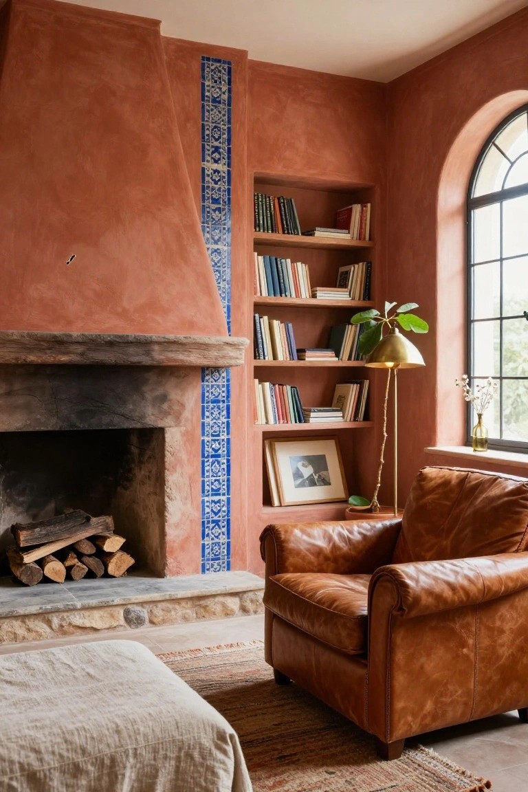Cozy room corner with terracotta textured walls, stone fireplace and chimney accented by vertical blue ceramic tiles, built-in wooden bookshelves, tan leather armchair, brass floor lamp with plant, small framed photos, and arched black-framed window.