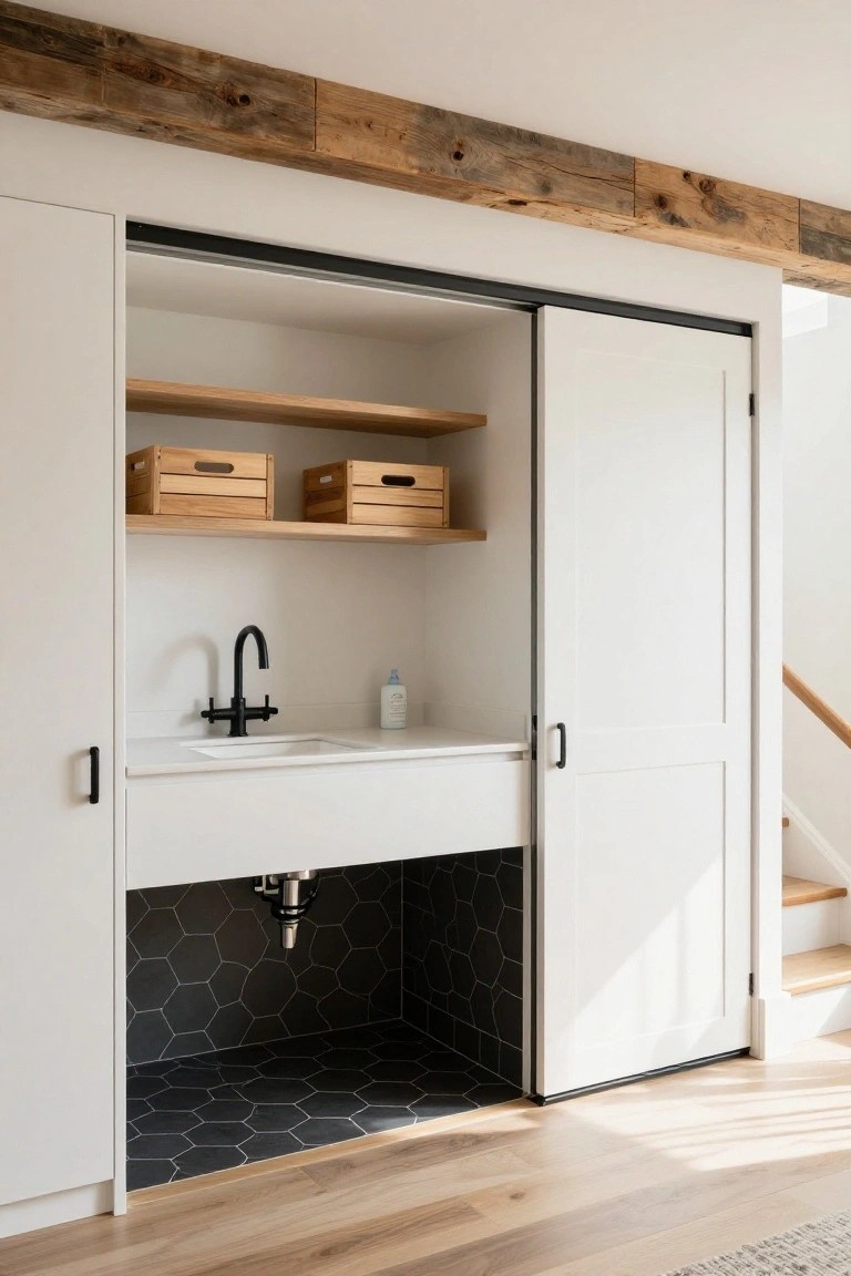 White sliding barn doors opened to reveal a laundry sink cabinet with white countertop and sink, black faucet, wood shelves holding woven crates, black hexagonal tile floor in the base area, and wood beam ceiling above.