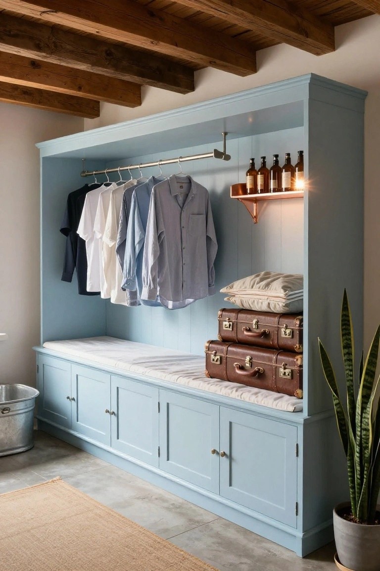 Light blue built-in wooden cabinet with hanging rail holding shirts and t-shirts, stacked brown leather suitcases and pillows on cushioned bench seat, copper shelf with glass bottles, galvanized metal tub, snake plant in gray pot, wooden beam ceiling, concrete floor, and seagrass rug.
