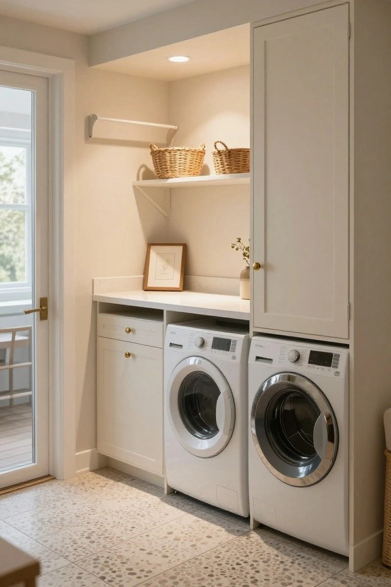 White built-in cabinets enclosing two front-loading washers and dryers in a laundry room, with a countertop above the machines, open shelves holding wicker baskets, and a glass door nearby.