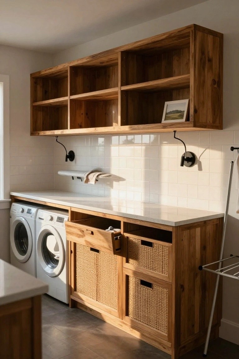 Laundry room interior with wooden open shelves mounted above washer and dryer, wooden cabinets with wicker basket drawers and quartz countertop below, white subway tile backsplash, black sconce lights, and drying rack.