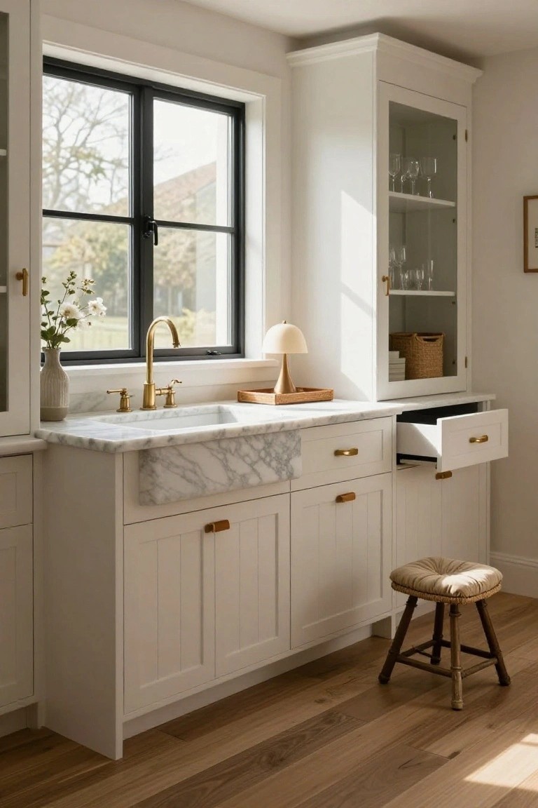 White shaker cabinets supporting a white marble apron-front farmhouse sink with gold faucet, open drawer, rattan stool, black-framed window, and glass-front cabinet with dishes in a kitchen.