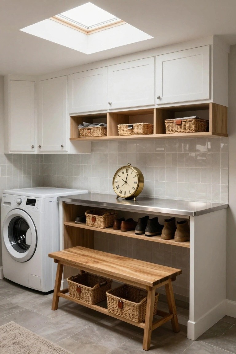 A laundry room with white cabinets, open wood shelving holding wicker baskets and shoes, stainless steel countertop with clock, wooden bench with under-bench baskets, front-loading washer, subway tile backsplash, and skylight above.