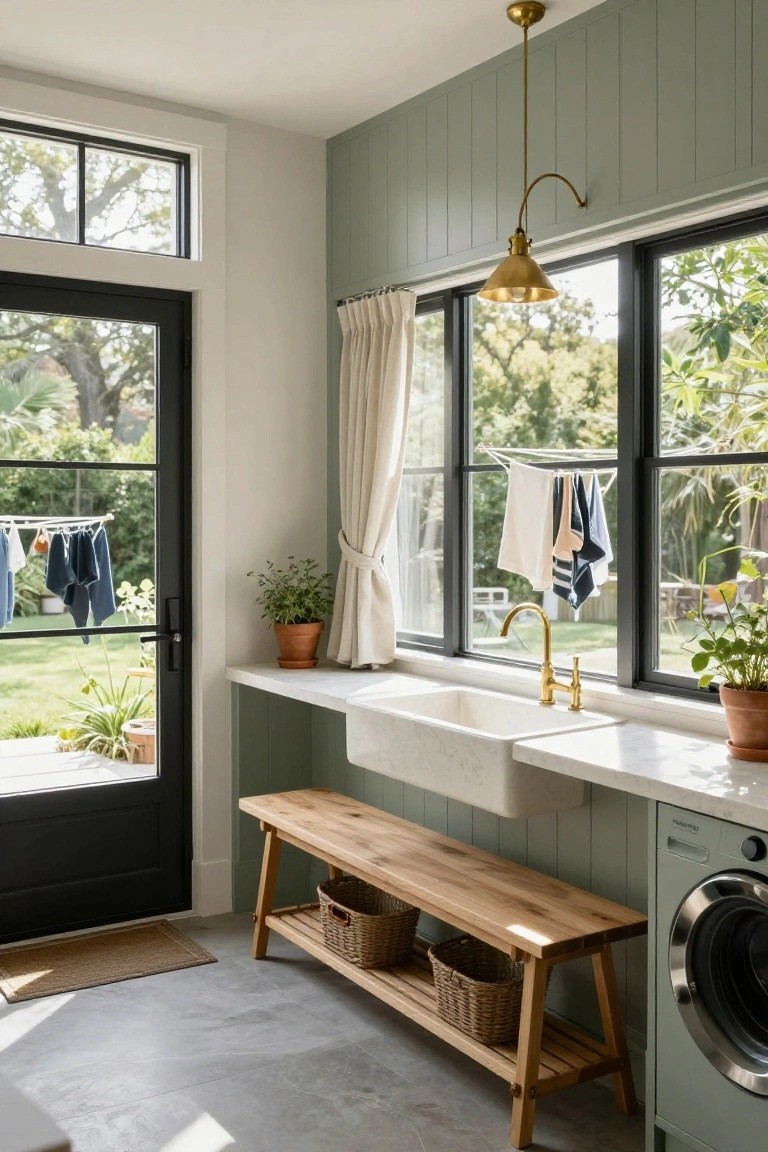 Sage green cabinetry laundry room with white farmhouse sink, brass faucet, wooden bench holding two wicker baskets, front-loading washer, potted plants, and large windows showing backyard garden and drying clothes.