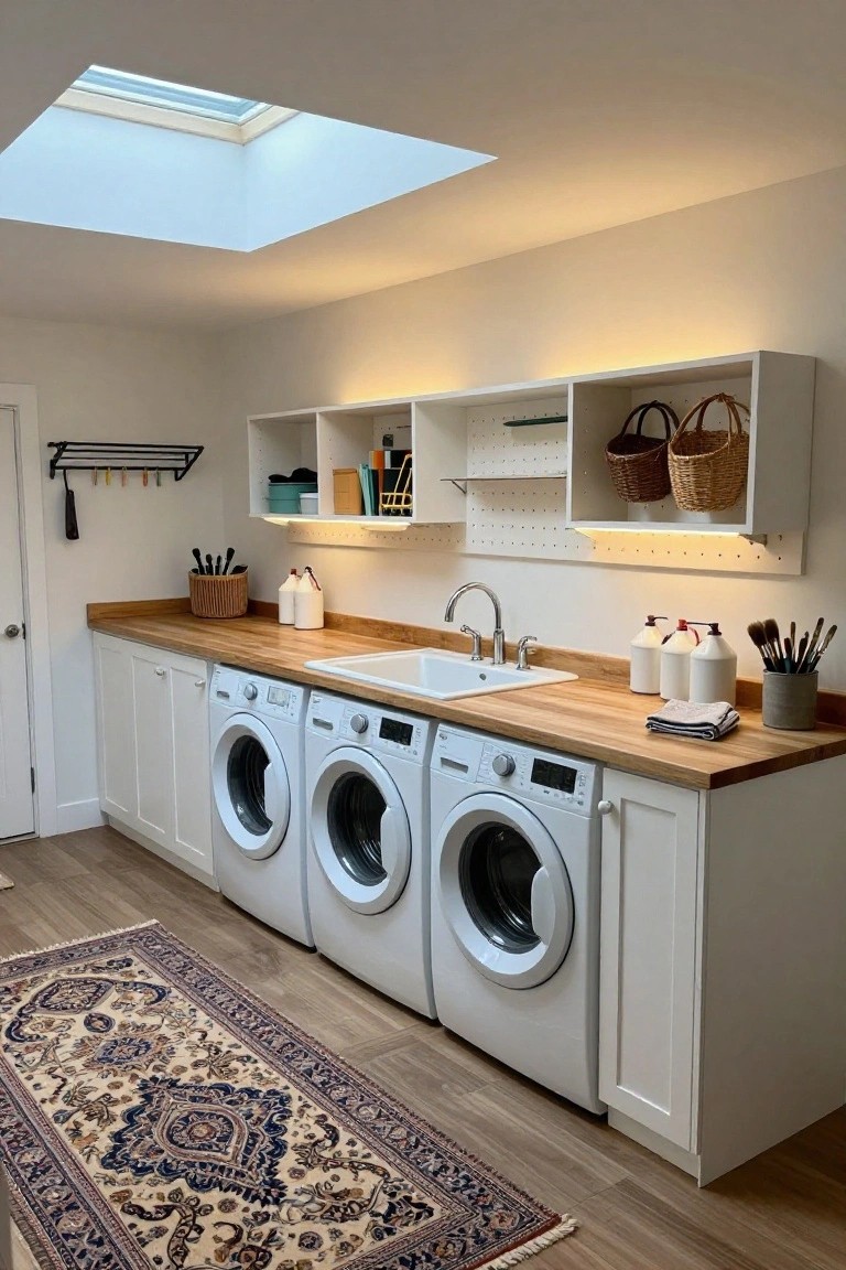 White laundry room with three front-load washing machines under cabinets, wooden countertop utility sink, wall-mounted pegboard shelves holding baskets bottles and tools, wicker elements, and a patterned rug on wood floor.