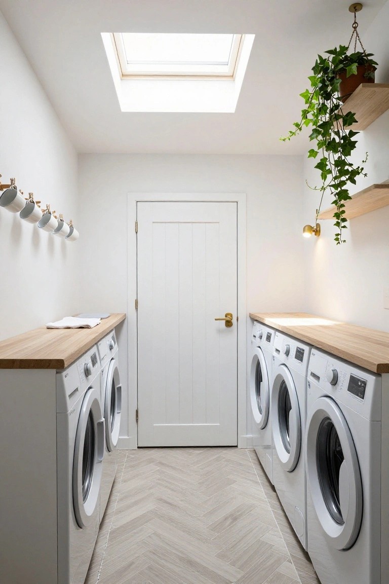 A narrow interior laundry room with two pairs of white stacked washers and dryers topped by oak countertops, herringbone light wood-look flooring, white paneled walls, a central white door, skylight overhead, hanging ivy plants, and white mugs on hooks.
