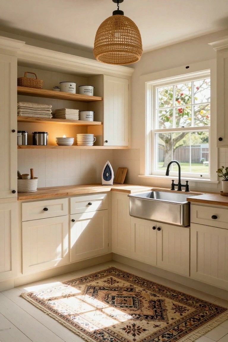 Cream shaker-style cabinets with wooden open shelves stocked with white dishes, linens, jars, and baskets surround a stainless steel apron-front sink and wood countertop in a sunlit laundry room corner.