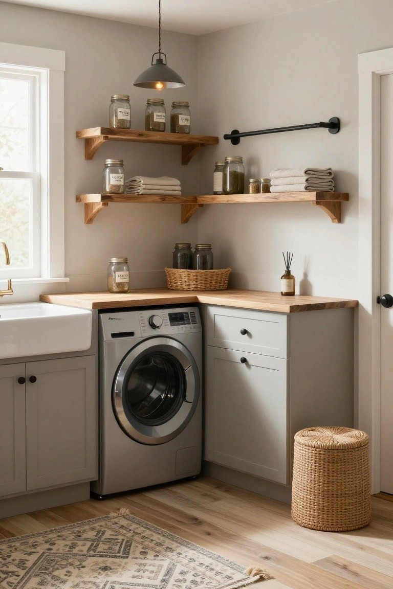 Corner laundry room with floating wooden shelves holding labeled glass jars, white farmhouse sink, front-loading silver washer, light gray cabinets, wood countertop, wicker basket, and hardwood floor with rug.