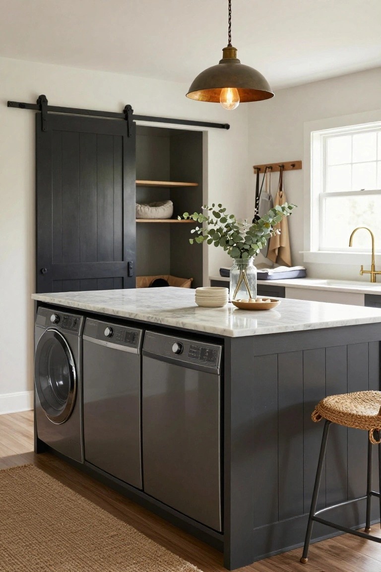 Laundry room with central island cabinetry housing a washer and dryer, topped by white marble countertop, flanked by black sliding barn door cabinet and rattan stool, eucalyptus in vase on counter, brass faucet sink nearby.