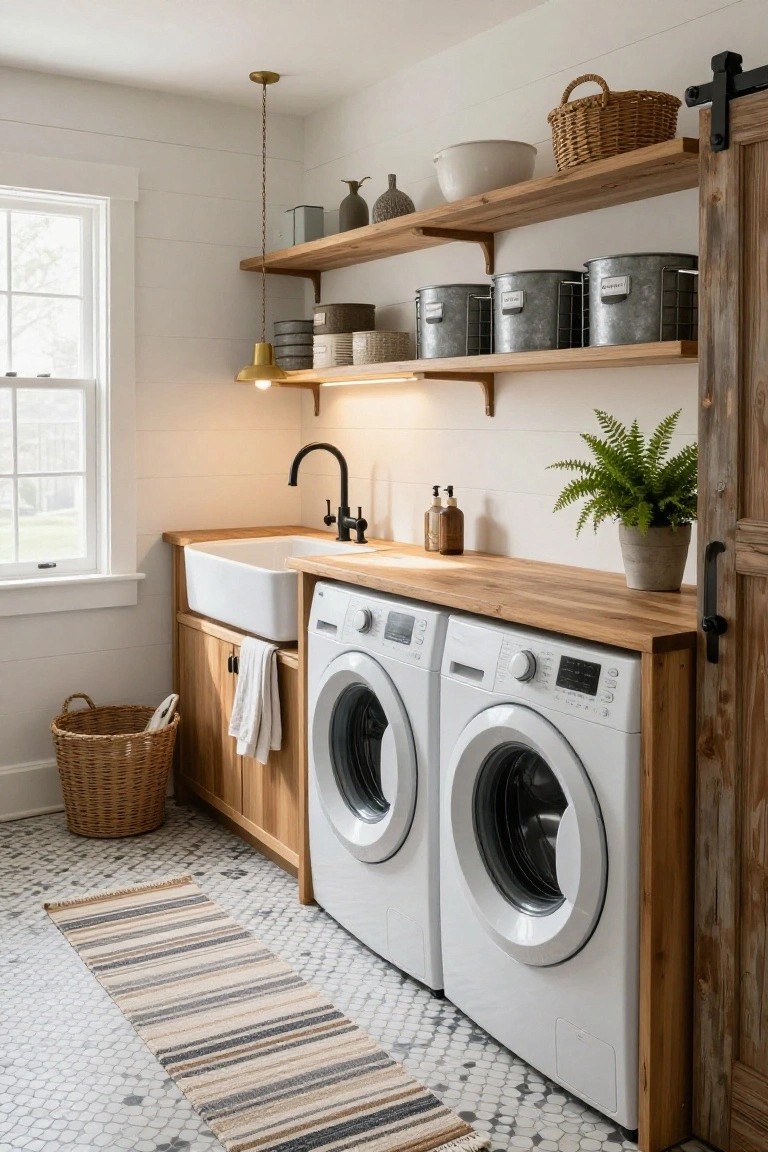 Laundry room interior with white shiplap walls, wooden cabinets and butcher block countertop over farmhouse sink and two white front-load washers, open wooden shelves with baskets and ceramics, black faucet, woven rug on hex tile floor, and barn-style door.