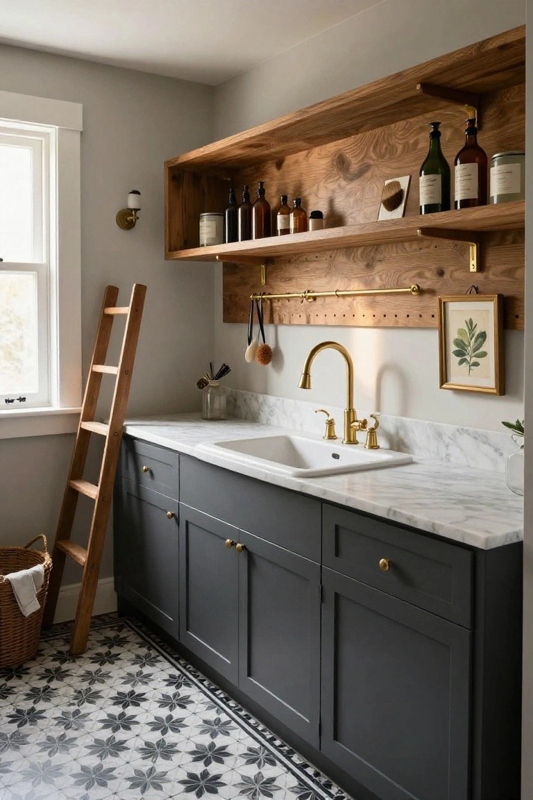 Laundry room with navy cabinets, white sink on marble countertop, wood open shelves holding bottles and jars, brass faucet and hardware, wood peg rail with hanging items, leaning wooden ladder next to a laundry basket, and black and white star tile floor.