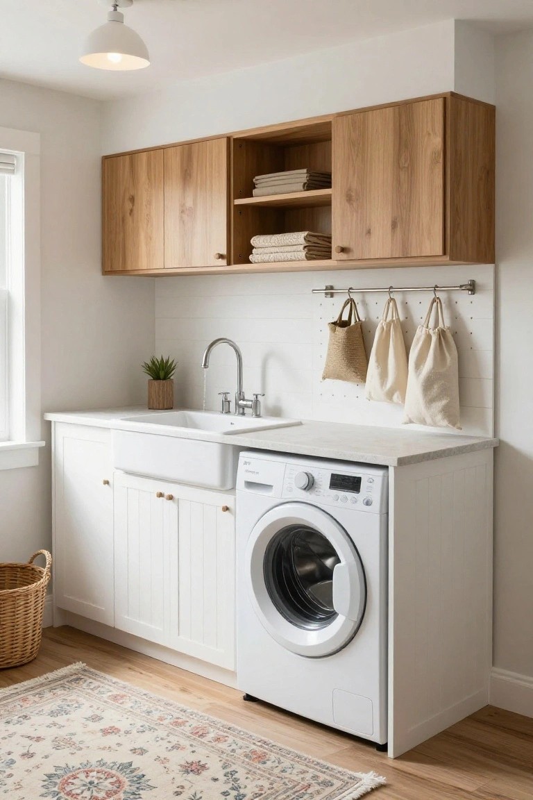 Laundry room interior with white lower cabinets and drawers, oak upper cabinets and open shelves holding folded towels, farmhouse sink with faucet running water, front-loading white washer, hanging fabric bags on wall rail, potted plant on counter, wicker basket on floor, hardwood flooring, and area rug.