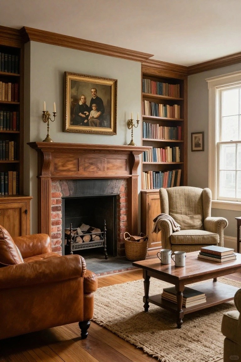 Vintage library interior with tall wood bookshelves flanking a brick fireplace, leather armchairs, wooden coffee table, and a framed portrait on light gray walls.
