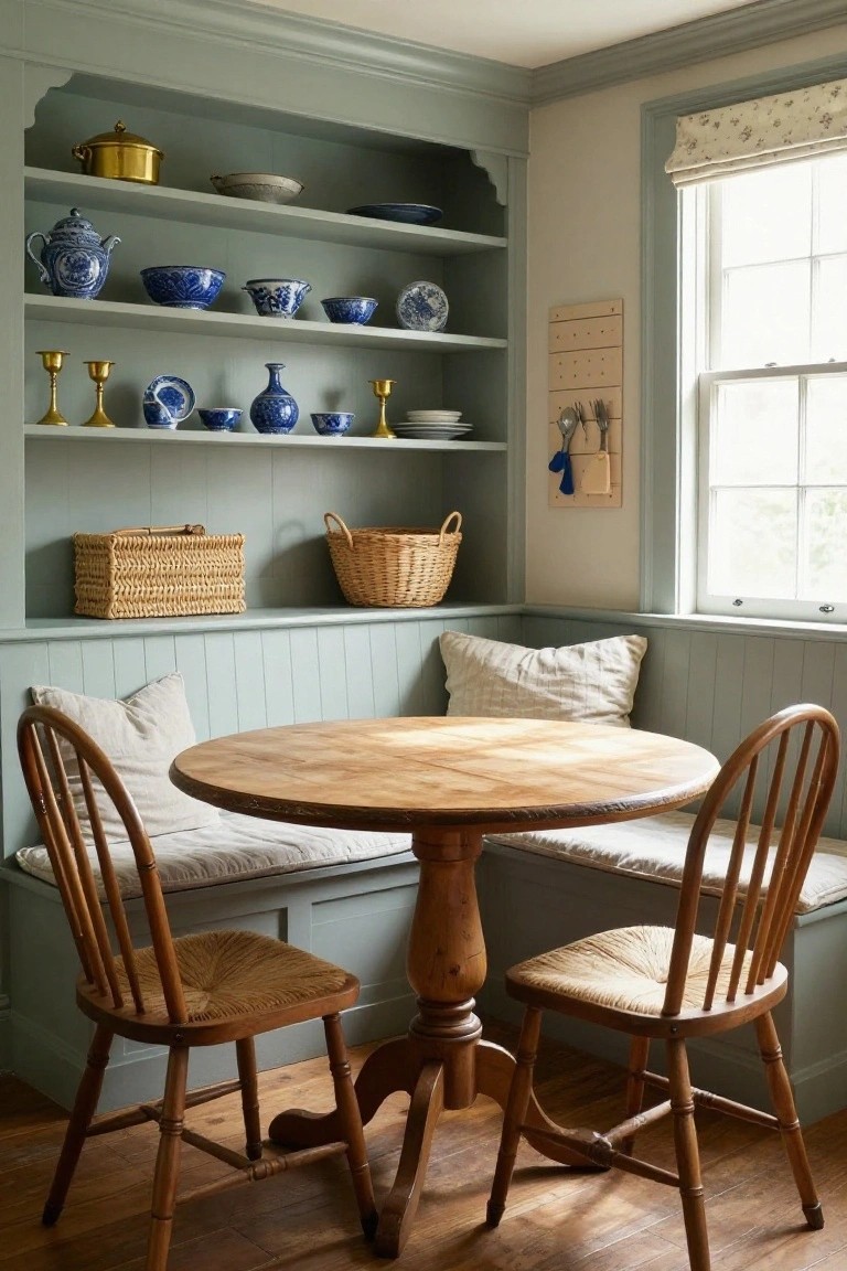 Sage green built-in corner banquette with cushions, round wooden table, two rush-seat chairs, open shelves displaying blue and white china and baskets, beside a window with linen roman shade in a light-filled room.