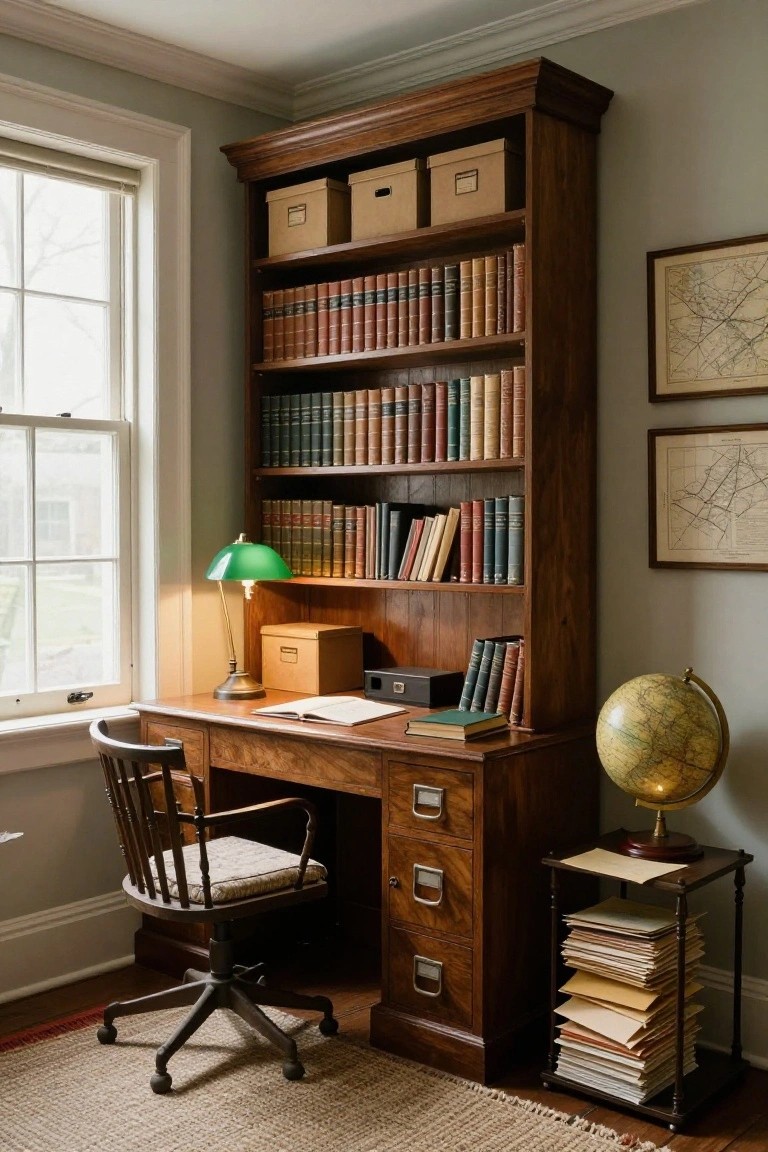 Tall wooden bookcase with integrated desk in a pale gray room, filled with books, boxes, a green banker's lamp, globe, and stacks of papers near a window.