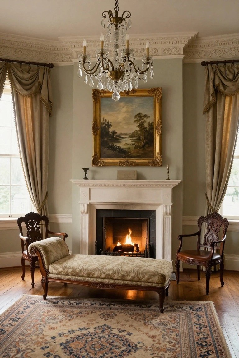 Elegant living room with fireplace, chandelier, ornate chairs, and patterned rug.