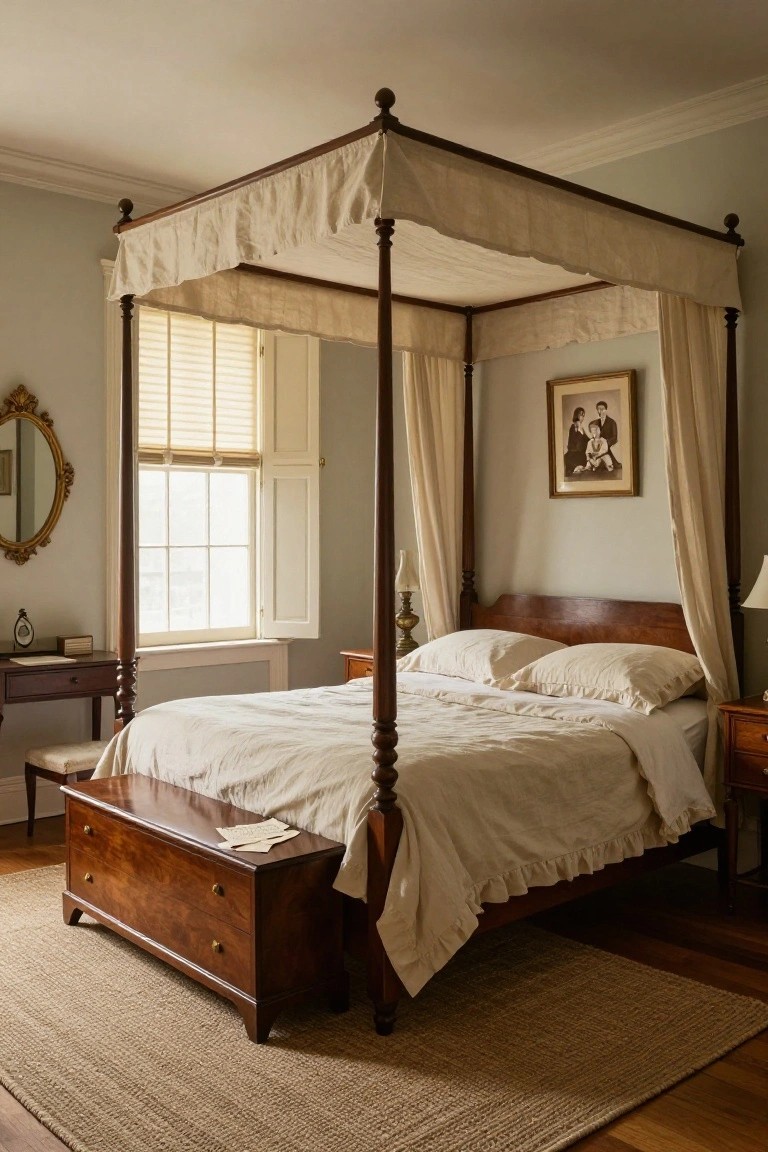 Four-poster canopy bed with cream linens in a sunlit traditional bedroom.