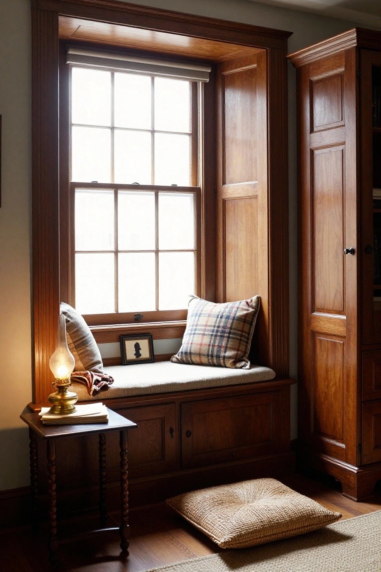 Wood-built window seat with cushions and pillows in a bay window alcove, flanked by cabinets and a small side table with lamp, next to a tall wardrobe in a warmly lit room.
