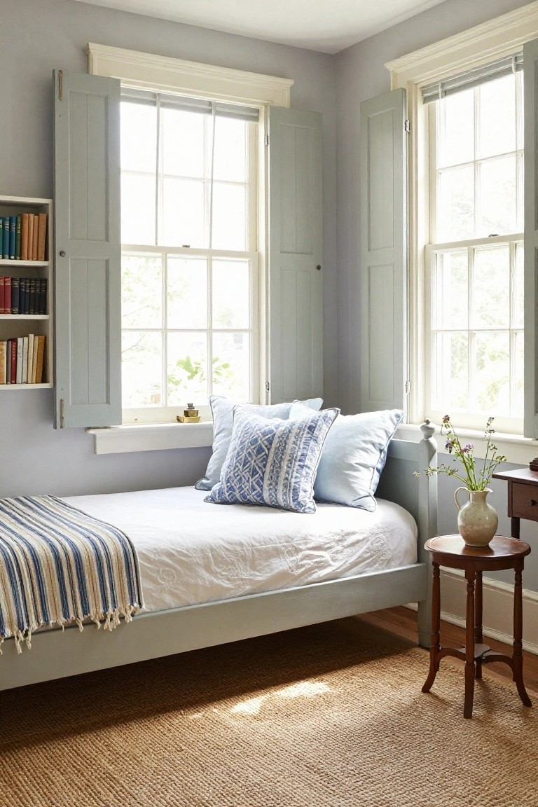 Light gray corner bedroom with a single bed covered in white sheets and a blue-striped throw, flanked by two large windows with open green-gray shutters, wooden bookshelves on one wall, and a small round table holding a vase of flowers.