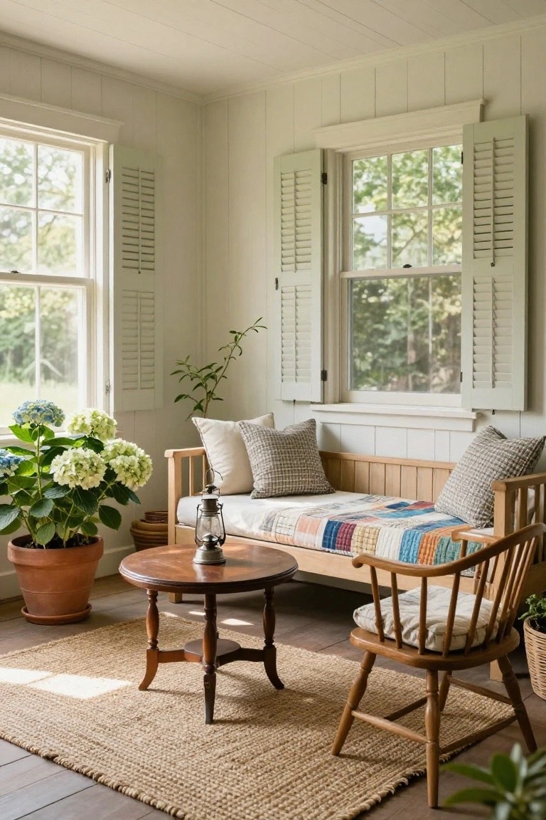 Sunlit white paneled room featuring a wooden daybed with pillows and multicolored quilt, wooden armchair, small round wooden table with lantern, potted hydrangea and other plants, and jute rug on wood floor.