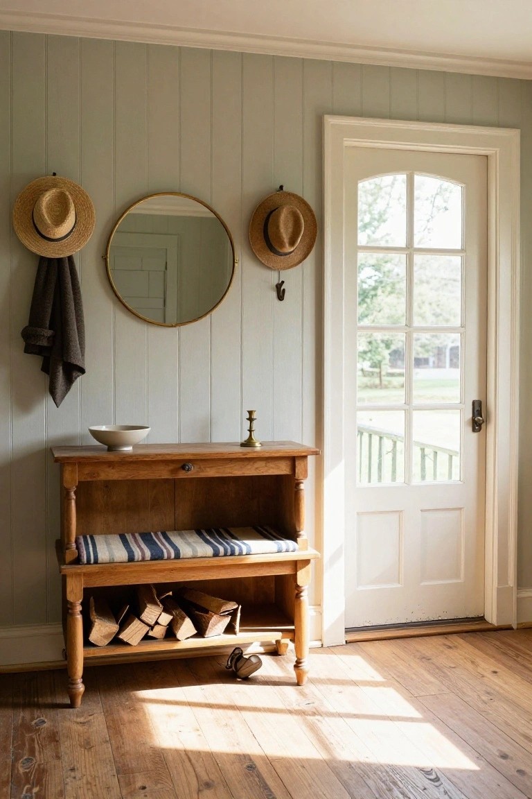 Rustic wooden entryway bench with mirror, straw hats, and firewood storage.