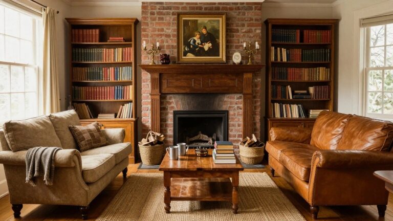 Vintage library interior with tall wood bookshelves flanking a brick fireplace, leather armchairs, wooden coffee table, and a framed portrait on light gray walls.