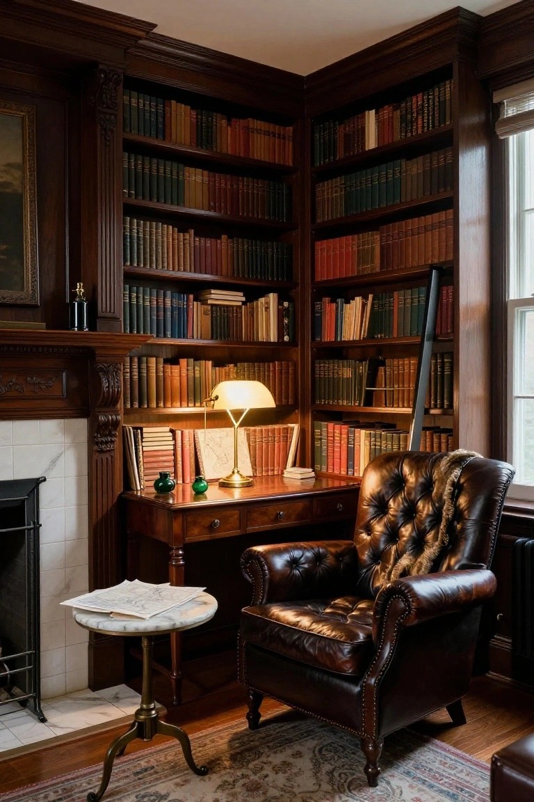 Wood-paneled library corner with floor-to-ceiling bookshelves filled with books, wooden desk lit by a banker's lamp, tufted leather armchair, marble fireplace, and side table.