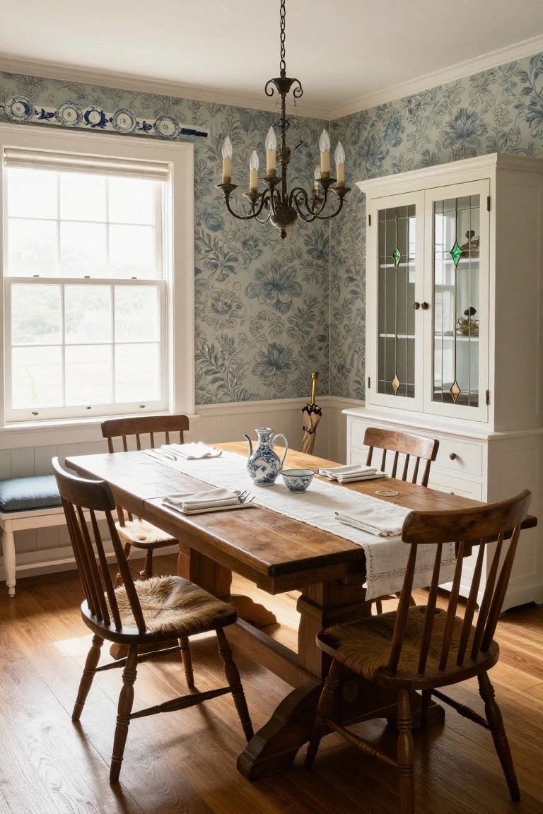 Dining room featuring blue floral wallpaper on walls, wooden trestle table with white runner, rush-seat chairs, brass chandelier, white china cabinet, and blue and white teapot on table.