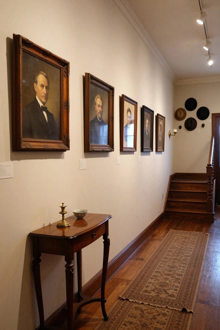 Narrow interior hallway with white walls lined by antique portraits in ornate wooden frames, a wooden console table holding a brass candlestick and porcelain bowl, an oriental runner rug on wood floors, and a wooden staircase at the end.